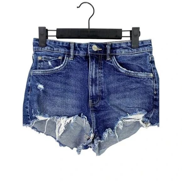 ZARA Mid Rise Cuttoff Frayed Jean Shorts Raw Ripped Hem Pockets 4 Blue #3068 - Picture 13 of 14